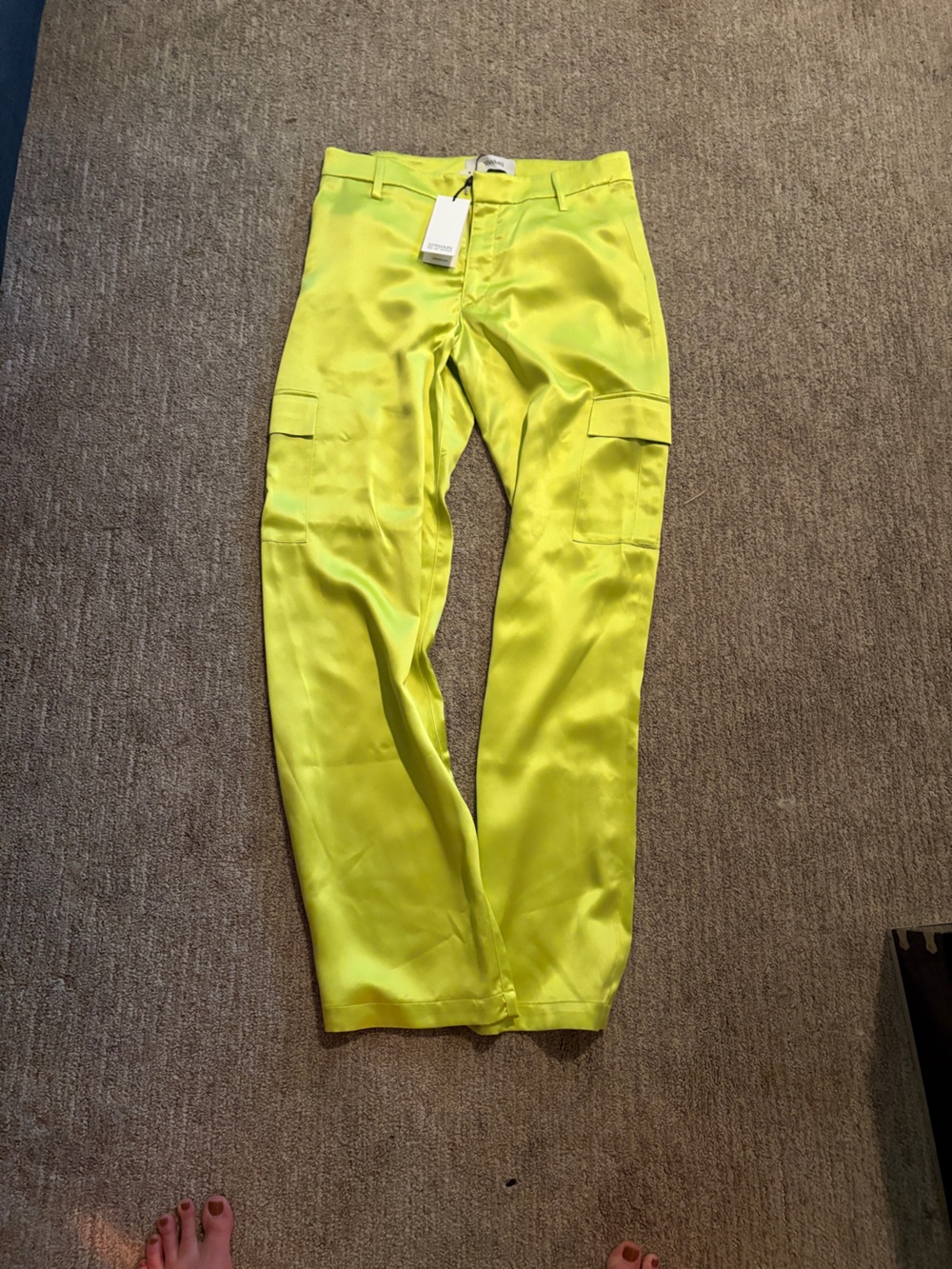 Silk Cargo Trousers in Neon Yellow